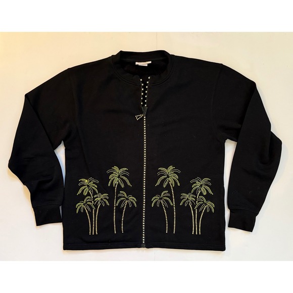 T&J Designs Tops - Tia Designs Rhinestone Palm Tree Zip Up Sweatshirt Jacket Black Medium